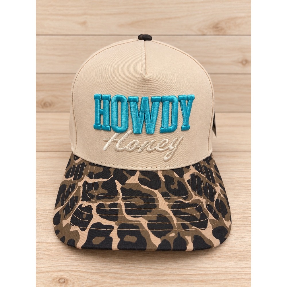 Howdy Honey Leopard Print Snapback Hat Tan Blue Western Cowgirl Trucker Cap NWT